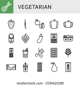 vegetarian icon set. Collection of Gmo, Strawberry, Pick, Apple, Pepper, Pumpkin, Tomato, Grapes, Eggplant, Pasta, Salad, Chicha de frutilla, Blackcurrant, Cucumber, Dill icons