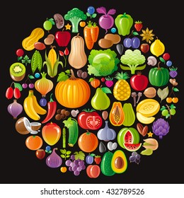 Vegetarian icon set with fruits, berries and vegetables icons on black background
