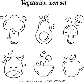 Vegetarisches Icon Set, Linien, Gemüse, Obst, süße Kuh, Icon-Set, Pilze, Salat, Vektorsymbol