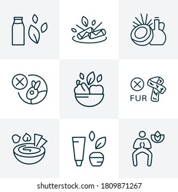 Vegetarian icons line style set with yoga, no tasted on animals, coconut oil and other vegetarian food elements. Isolated vector illustration vegetarian icons.