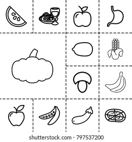 Vegetarian icons. set of 13 editable outline vegetarian icons such as mushroom, lemon, pizza, pasta and wine glass, apple, stomach, aubergine, peas, watermelon, pumpkin