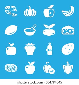 vegetarian icons set. Set of 16 vegetarian filled icons such as potato, mulberry, beet, banana, cheese, oil, lemon, porridge, apple, pizza, pumpkin