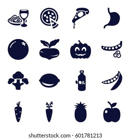 vegetarian icons set. Set of 16 vegetarian filled icons such as carrot, orange, beet, peas, oil, pizza, pasta and wine glass, lemon, stomach, broccoli, pumpkin haloween, apple