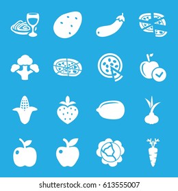 Vegetarian icons set. set of 16 vegetarian filled icons such as potato, onion, cabbage, corn, apple, Lemon, pizza, pasta and wine glass, carrot, broccoli, aubergine