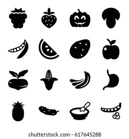 Vegetarian icons set. set of 16 vegetarian filled icons such as mushroom, potato, mulberry, beet, banana, peas, corn, porridge, cucumber, stomach, strawberry, pumpkin haloween