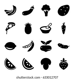 Vegetarian icons set. set of 16 vegetarian filled icons such as mushroom, potato, carrot, beet, banana, cauliflower, porridge, pizza, cucumber, lemon, aubergine, peas
