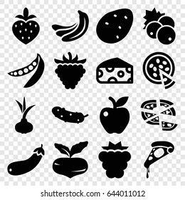 Vegetarian icons set. set of 16 vegetarian filled icons such as currant, potato, onion, mulberry, beet, banana, cheese, pizza, cucumber, apple, raspberry, aubergine, peas