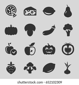 Vegetarian icons set. set of 16 vegetarian filled icons such as mushroom, pumpkin, onion, pear, cauliflower, cheese, lemon, apple, broccoli, aubergine, tomato, strawberry