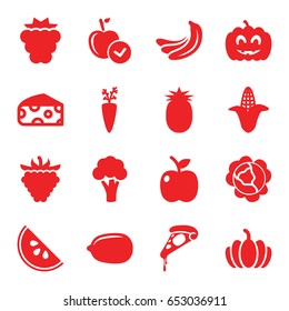 Vegetarian icons set. set of 16 vegetarian filled icons such as mulberry, banana, cabbage, cauliflower, corn, cheese, apple, lemon, pizza, raspberry, pumpkin, pumpkin haloween