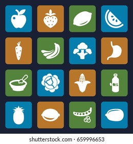 Vegetarian icons set. set of 16 vegetarian filled icons such as carrot, banana, peas, cabbage, corn, oil, lemon, porridge, lemon, apple, stomach, broccoli, strawberry
