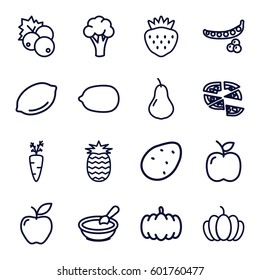 vegetarian icons set. Set of 16 vegetarian outline icons such as currant, pumpkin, potato, pear, peas, cauliflower, lemon, porridge, Lemon, pizza, apple, strawberry, pineapple