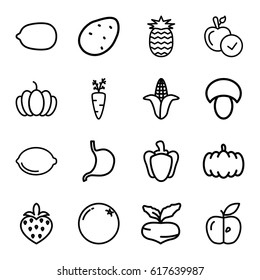 Vegetarian icons set. set of 16 vegetarian outline icons such as mushroom, pumpkin, potato, orange, beet, corn, apple, Lemon, lemon, stomach, pepper, strawberry, pineapple