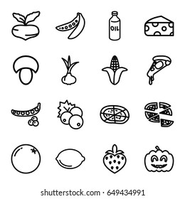 Vegetarian icons set. set of 16 vegetarian outline icons such as mushroom, currant, onion, orange, beet, peas, corn, cheese, oil, pizza, lemon, strawberry