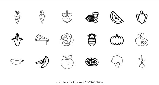Vegetarian icons. set of 18 editable outline vegetarian icons: pumpkin, corn, pizza, pasta and wine glass, pepper, peas, watermelon, pineapple, onion, carrot, cabbage