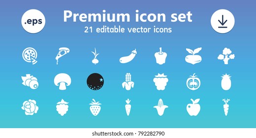 Vegetarian icons. set of 21 editable filled vegetarian icons includes mulberry, beet, corn, pizza, apple, carrot, aubergine, pineapple, mushroom, currant, onion, orange
