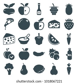 Vegetarian icons. set of 25 editable filled vegetarian icons such as currant, orange, pear, beet, cauliflower, cheese, oil, porridge, apple, pizza, carrot on fork, strawberry
