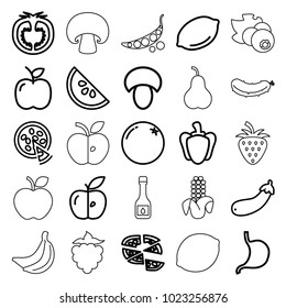 Vegetarian icons. set of 25 editable outline vegetarian icons such as mushroom, orange, lemon, pizza, apple, stomach, aubergine, pepper, tomato, watermelon, currant, pear
