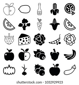 Vegetarian icons. set of 25 editable filled and outline vegetarian icons such as currant, banana, cabbage, corn, pizza, apple, pumpkin, lemon, aubergine, watermelon, onion