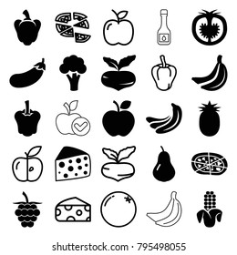 Vegetarian icons. set of 25 editable filled and outline vegetarian icons such as pear, beet, banana, cauliflower, pizza, tomato, pineapple, orange, pepper, cheese, apple, corn