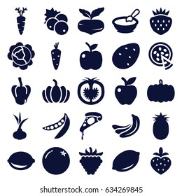 Vegetarian icons set. set of 25 vegetarian filled icons such as currant, pumpkin, potato, onion, carrot, orange, beet, banana, cabbage, pepper, lemon, porridge, pizza, apple