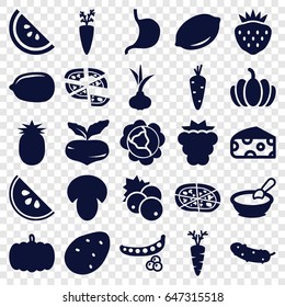 Vegetarian icons set. set of 25 vegetarian filled icons such as mushroom, currant, pumpkin, potato, onion, carrot, mulberry, beet, peas, cabbage, cheese, lemon, porridge