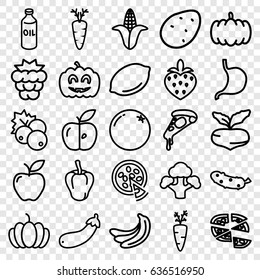 Vegetarian icons set. set of 25 vegetarian outline icons such as currant, pumpkin, potato, orange, mulberry, beet, banana, pepper, corn, oil, lemon, pizza, cucumber, apple