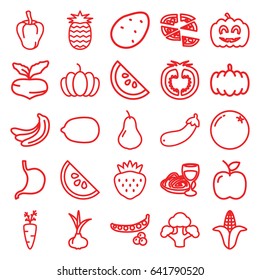 Vegetarian icons set. set of 25 vegetarian outline icons such as pumpkin, potato, onion, orange, pear, beet, banana, peas, pepper, corn, lemon, pizza, pasta and wine glass