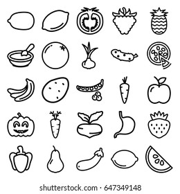Vegetarian icons set. set of 25 vegetarian outline icons such as potato, onion, carrot, orange, pear, beet, banana, peas, lemon, porridge, lemon, cucumber, strawberry