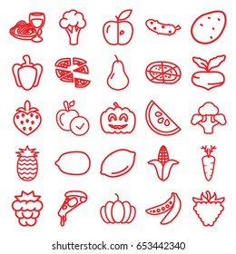 Vegetarian icons set. set of 25 vegetarian outline icons such as potato, pear, mulberry, beet, cauliflower, corn, lemon, apple, lemon, pizza, cucumber, pasta and wine glass