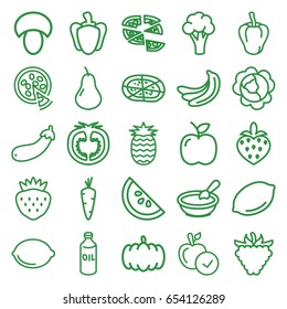 Vegetarian icons set. set of 25 vegetarian outline icons such as mushroom, pumpkin, carrot, pear, banana, cabbage, pepper, cauliflower, oil, lemon, porridge, apple, pizza