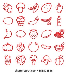 Vegetarian icons set. set of 25 vegetarian outline icons such as mushroom, currant, pumpkin, potato, orange, mulberry, peas, cabbage, pepper, cauliflower, oil, lemon, porridge