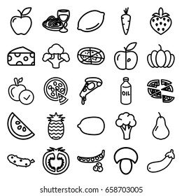 Vegetarian icons set. set of 25 vegetarian outline icons such as mushroom, carrot, pear, peas, cauliflower, cheese, oil, lemon, apple, lemon, pizza, cucumber