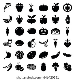 Vegetarian icons set. set of 36 vegetarian filled icons such as currant, pumpkin, potato, onion, carrot, orange, mulberry, beet, banana, peas, cabbage, pepper, cauliflower