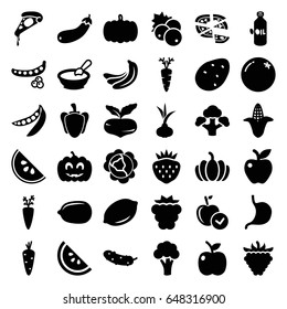 Vegetarian icons set. set of 36 vegetarian filled icons such as currant, pumpkin, potato, onion, carrot, orange, mulberry, beet, banana, peas, cabbage, cauliflower, corn, oil