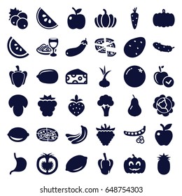 Vegetarian icons set. set of 36 vegetarian filled icons such as mushroom, currant, pumpkin, potato, onion, carrot, orange, pear, mulberry, banana, peas, cabbage, pepper