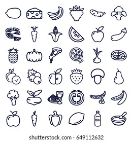 Vegetarian icons set. set of 36 vegetarian outline icons such as mushroom, currant, pumpkin, onion, carrot, pear, beet, banana, peas, cauliflower, corn, cheese, oil, lemon