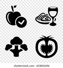 Vegetarian icons set. set of 4 vegetarian filled icons such as apple, pasta and wine glass, broccoli