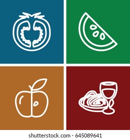 Vegetarian icons set. set of 4 vegetarian outline icons such as pasta and wine glass, apple, tomato