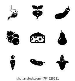 Vegetarian icons. set of 9 editable filled vegetarian icons such as currant, pear, corn, cheese, cucumber, aubergine, beet, carrot on fork