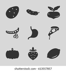 Vegetarian icons set. set of 9 vegetarian filled icons such as pumpkin, potato, beet, peas, lemon, pizza, cucumber, stomach