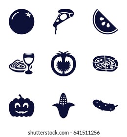 Vegetarian icons set. set of 9 vegetarian filled icons such as orange, corn, pizza, cucumber, pasta and wine glass, tomato, pumpkin haloween
