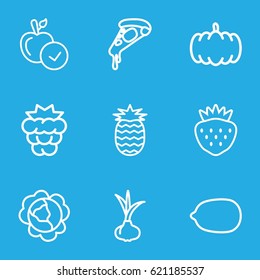 Vegetarian icons set. set of 9 vegetarian outline icons such as pumpkin, onion, mulberry, cabbage, apple, Lemon, pizza, strawberry