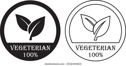 Vegetarische Icons Set. Bio, Bio und gesundes Essen flach und Linie Symbole geeignet für Vegetarier Stempel Aufkleber mit Blätter. Minimale schwarze Bio-Produktabzeichen einzeln auf transparentem Hintergrund.