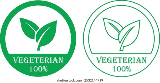 Vegetarische Icons Set. Bio, Bio und gesundes Essen flach und Linie Symbole geeignet für Vegetarier Stempel Aufkleber mit Blätter. Minimale grüne Bio-Produktabzeichen einzeln auf transparentem Hintergrund.