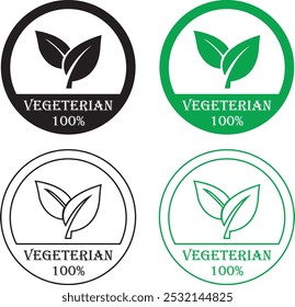 Vegetarische Icons Set. Bio, Bio und gesundes Essen flach, Linie Symbole geeignet für Vegetarier Stempel Aufkleber mit Blätter. Minimales schwarzes, grünes Bio-Produktabzeichen einzeln auf transparentem Hintergrund.