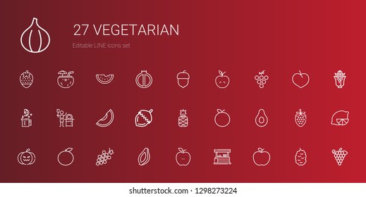 vegetarian icons set. Collection of vegetarian with apple, vegetables, healthy food, papaya, grape, orange, pumpkin, banana, tangerine. Editable and scalable vegetarian icons.