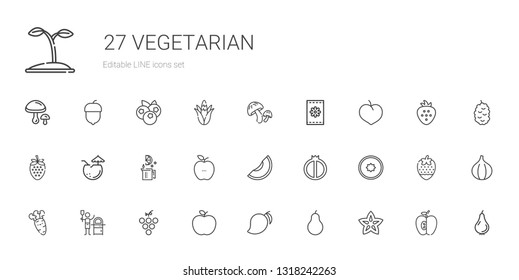 vegetarian icons set. Collection of vegetarian with carambola, pear, mango, apple, grape, pizza, carrot, kiwi, watermelon, melon, healthy food. Editable and scalable vegetarian icons.