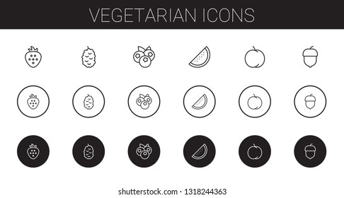vegetarian icons set. Collection of vegetarian with strawberry, berry, blueberries, watermelon, peach, hazelnut. Editable and scalable vegetarian icons.