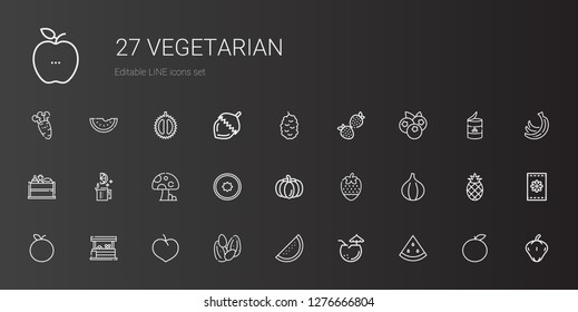 vegetarian icons set. Collection of vegetarian with watermelon, coconut, seeds, plum, vegetables, tangerine, fig, strawberry, pumpkin. Editable and scalable vegetarian icons.