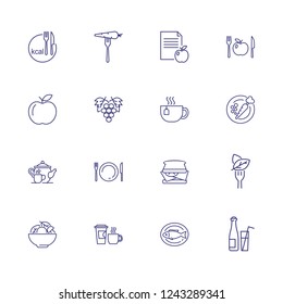 Vegetarian icons. Set of line icons. Calorie, grape, salad, fish. Dieting concept. Vector illustration can be used for topics like food, meal, healthy eating